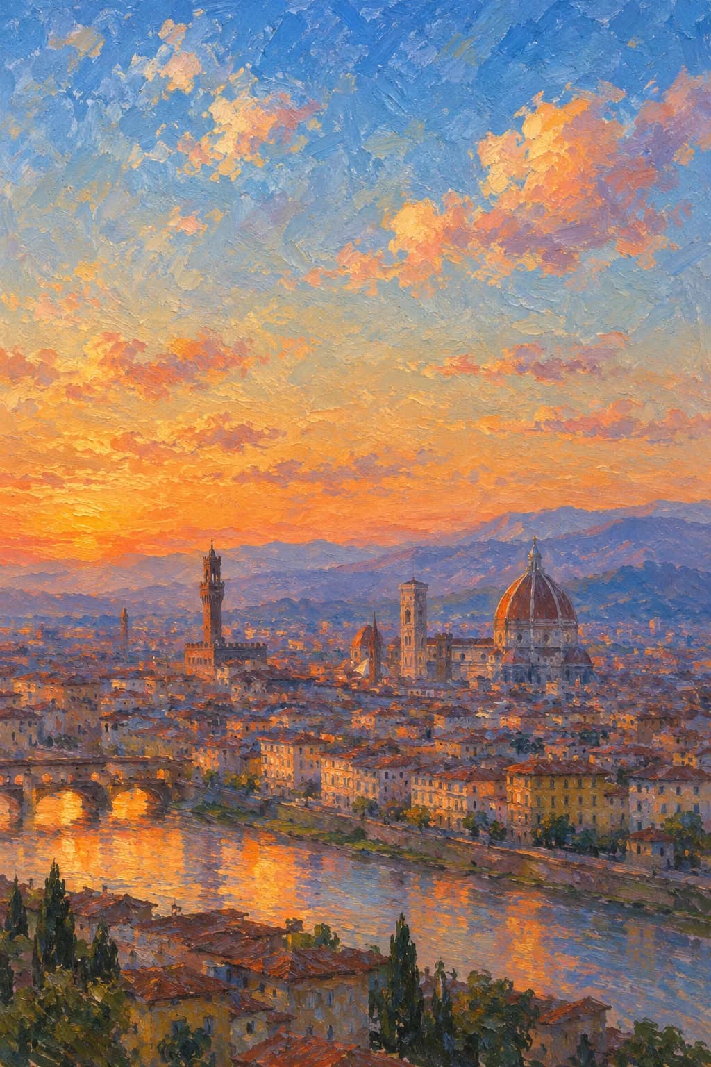 An impressionist painting of Florence at dusk: the cathedral dome, Giotto's bell tower and the tower of Palazzo Vecchio over terracotta roofs and the Arno, under an orange and blue sky.